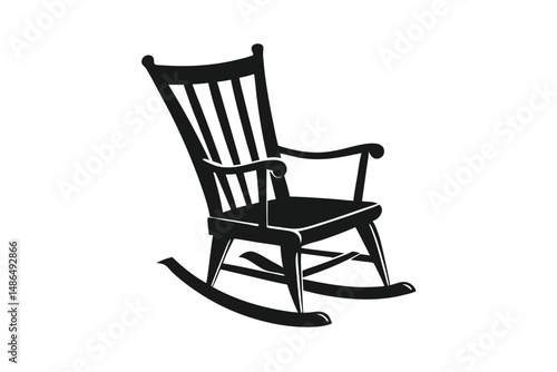 Silhouette of a Classic Wooden Rocking Chair with Curved Rockers and Spindle Back