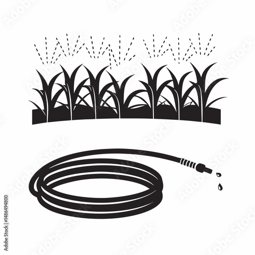 Irrigation system with grass and watering hose on white background  