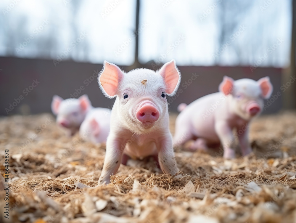 Adorable piglets exploring a wood-chipped enclosure, focused on the front piglet
