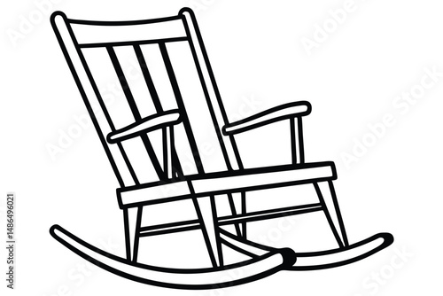 Outlined Wooden Rocking Chair With Slatted Back and Curved Rockers Resting Isolated