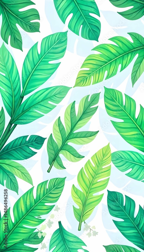 Tropical seamless pattern featuring palm leaves, monstera, and banana leaves, vibrant green and teal colors, modern flat style, exotic summer theme, vector background
Tropical seamless pattern featuring palm leaves, monstera, and banana leaves, vibrant green and teal colors, modern flat style, exotic summer theme, vector background