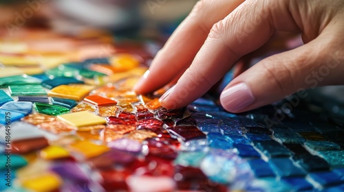 Close-up of a hand placing a tile in a vibrant mosaic artwork.