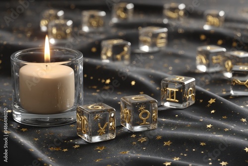 Decorative candle and astrology dice create a mystical atmosphere on a dark starry fabric surface
