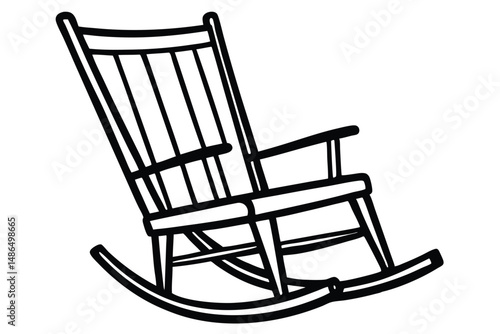 Outlined Black and White Image of a Wooden Rocking Chair with Armrests