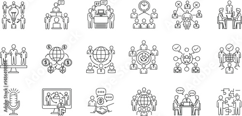 Business Communication Line Editable Icons set. Vector illustration in modern thin line style of meeting related icons: negotiation, teamwork, video conference, and more.