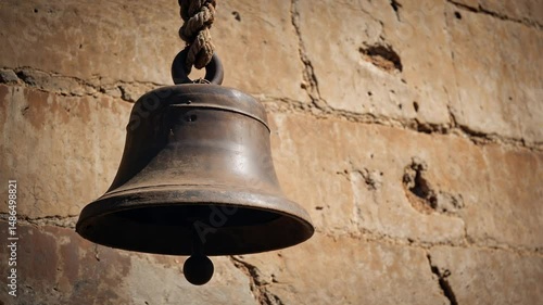 Rustic Bell Swaying Gently Against Stone Wall