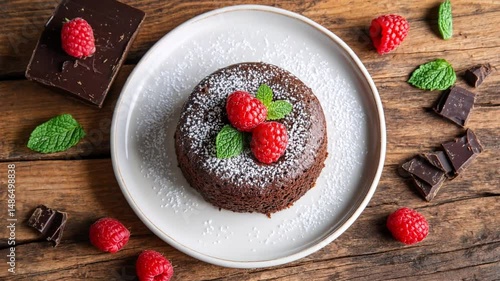Rotating Chocolate Cake with Raspberries and Powdered Sugar