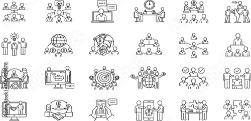 Business Communication Line Editable Icons set. Vector illustration in modern thin line style of meeting related icons: negotiation, teamwork, video conference, and more.