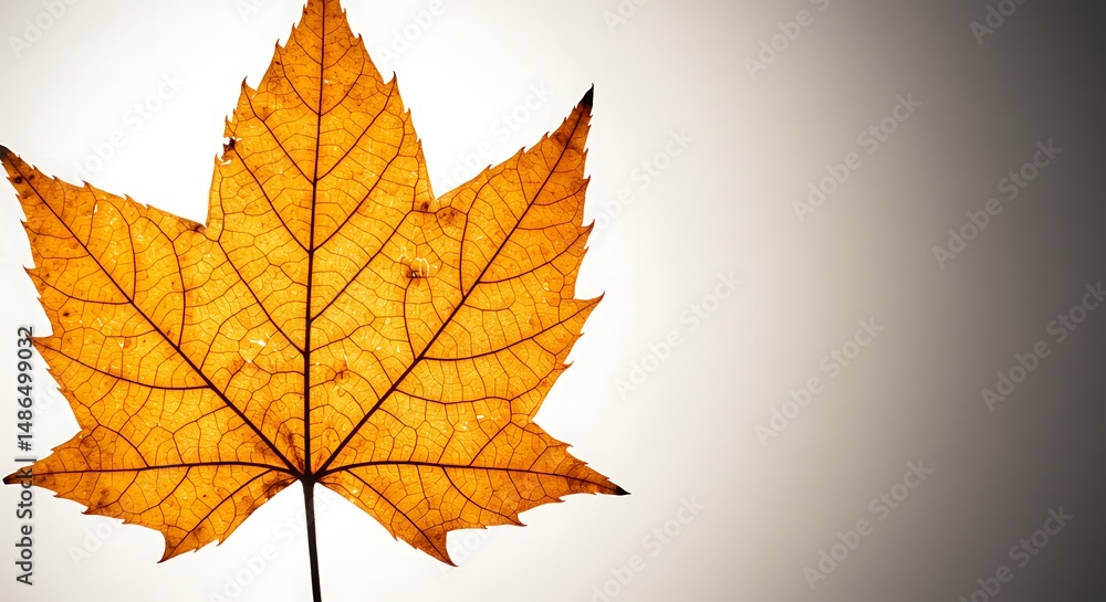 A single, vibrant golden-orange maple leaf, a quintessential emblem of autumn, is beautifully illuminated, causing its intricate network of veins to stand out in stark contrast. A single, vibrant golden-orange maple leaf, a quintessential emblem of autumn, is beautifully illuminated, causing its intricate network of veins to stand out in stark contrast.