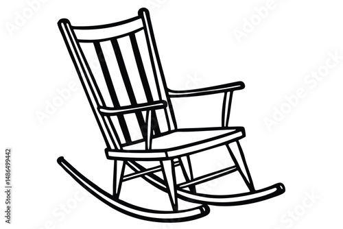 Black and White Line Art Illustration of a Traditional Rocking Chair with Armrests