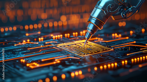 A robotic arm precisely works on a glowing microchip circuit, symbolizing advanced technology and artificial intelligence.