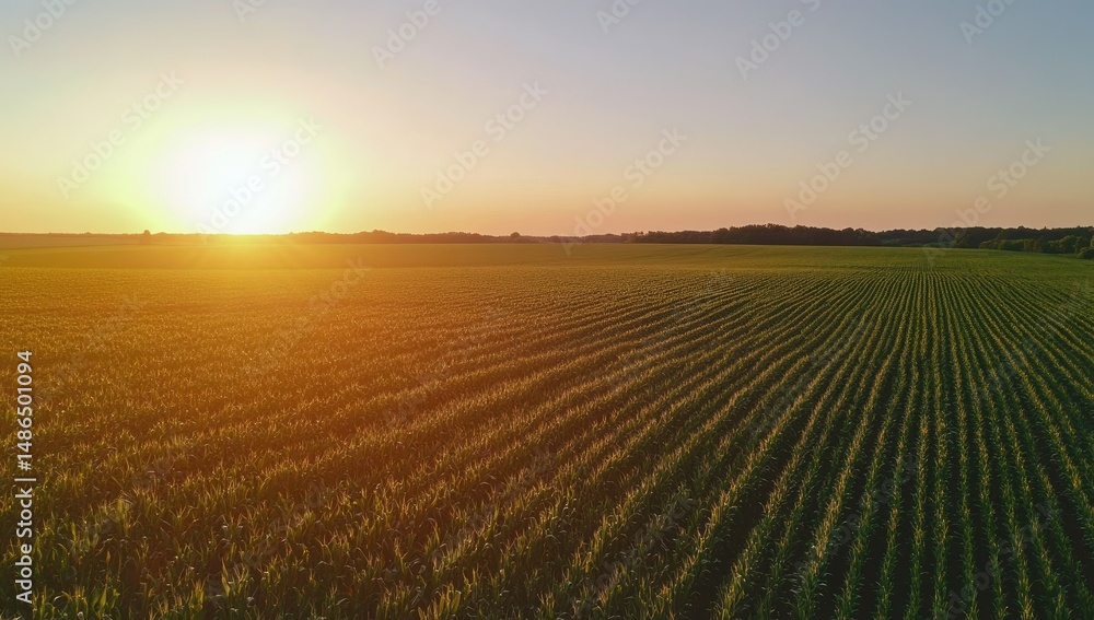 Sunset over cornfield with aerial view. Sunset over cornfield with aerial view.