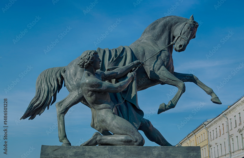 Fototapeta premium The young man reining in his horse