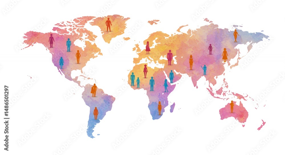 Fototapeta premium Watercolor world map displaying diverse global community representation
