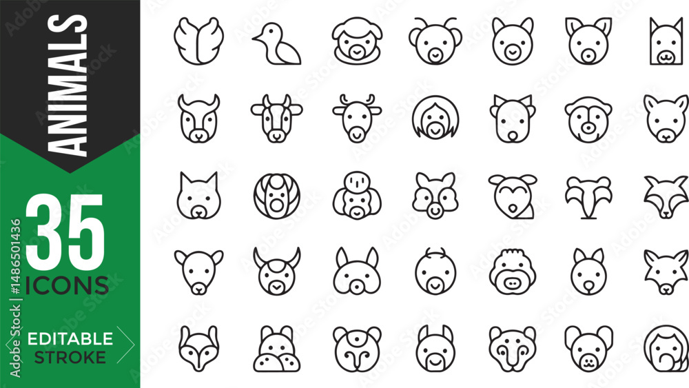 Αυτοκόλλητο Animals Line Icons Set – Editable Thin Line Style Vector of Farm, Domestic & Wil