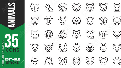 Photography Animals Line Icons Set – Editable Thin Line Style Vector of Farm, Domestic & Wil