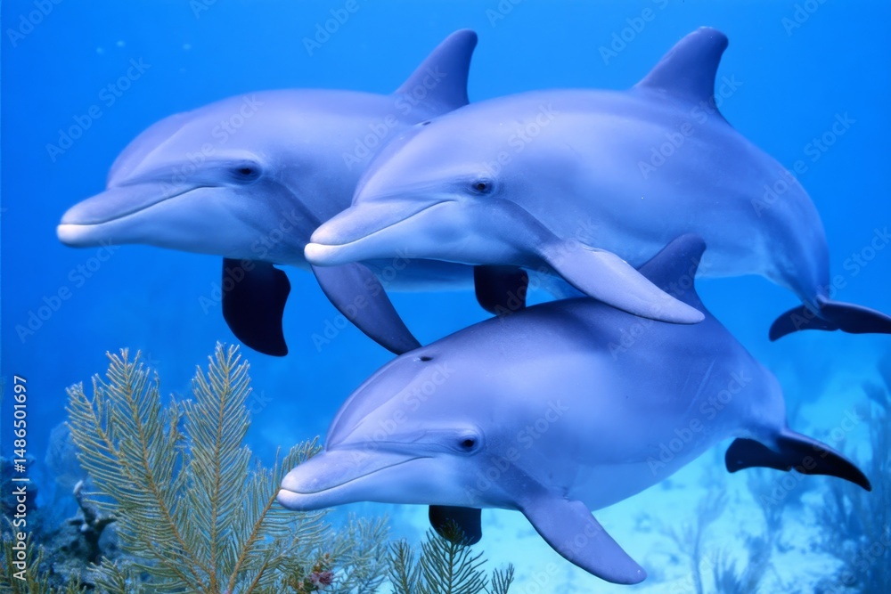 Obraz premium Dolphins Swimming in Ocean - Three dolphins gracefully swim together in a vibrant blue ocean, coral in the background