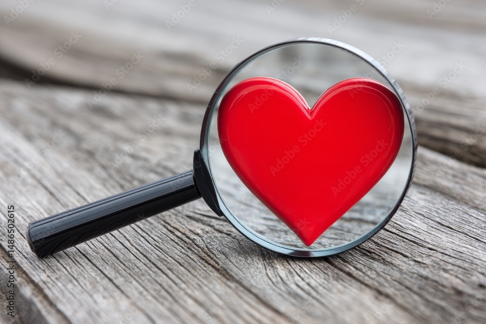 Fototapeta premium Finding Your Heart's Passion - Discover your true calling. A magnifying glass explores a red heart, symbolizing the search for love, purpose, passion, happiness, and career fulfillment