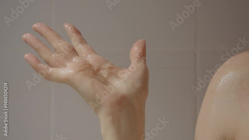 A woman is in the shower using body foam and shampoo while experiencing noticeable hair loss. She gently washes her hair as strands fall during the process.