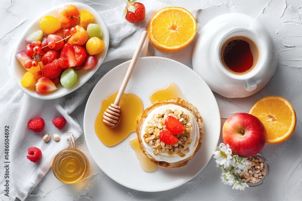 A delightful breakfast scene featuring pancakes with honey, mixed fruits, coffee A delightful breakfast scene featuring pancakes with honey, mixed fruits, coffee