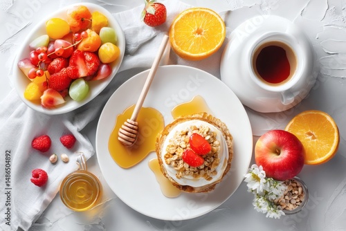 Wallpaper Mural A delightful breakfast scene featuring pancakes with honey, mixed fruits, coffee Torontodigital.ca