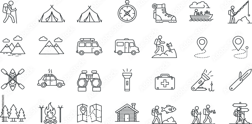Camping Line Editable Icons set. Vector illustration in modern thin line style of outdoor activities related icons: hiking, fishing, mountain biking, and more. Camping Line Editable Icons set. Vector illustration in modern thin line style of outdoor activities related icons: hiking, fishing, mountain biking, and more.