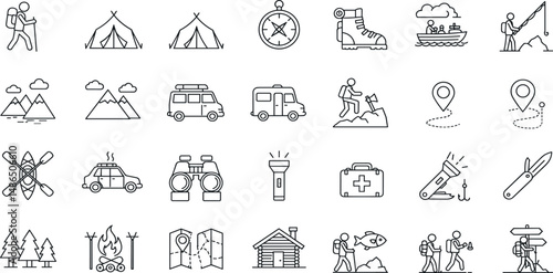 Camping Line Editable Icons set. Vector illustration in modern thin line style of outdoor activities related icons: hiking, fishing, mountain biking, and more.