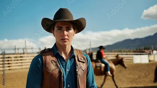 Strong brown hair cowgirl in vintage cowboy hat focuses before the rodeo competition in a bustling outdoor arena