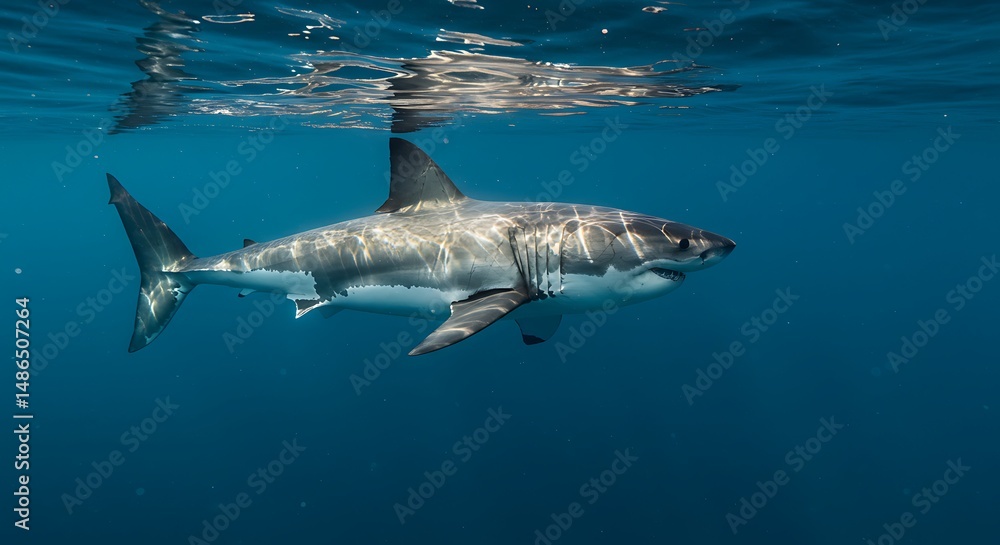 Fototapeta premium A majestic Great White Shark (Carcharodon carcharias) cruises powerfully and effortlessly through the clear, deep blue ocean, positioned just beneath the shimmering water surface.