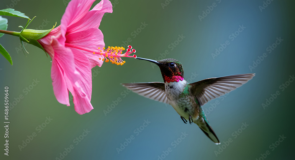Naklejka premium Hummingbird Feeding from Pink Hibiscus Flower Close Up Wildlife Photography