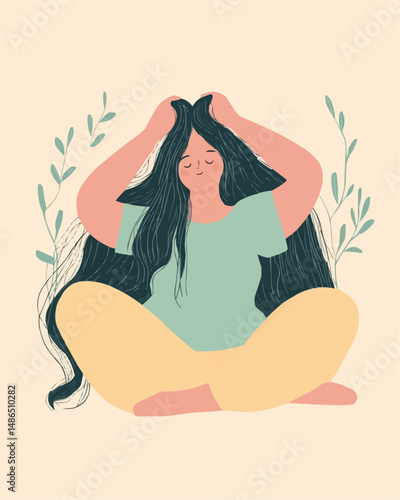 Flat vector illustration of a plus size girl playing with her hair, symbolizing self-acceptance and body positivity, ideal for wellness blogs, lifestyle content, and inclusive design projects