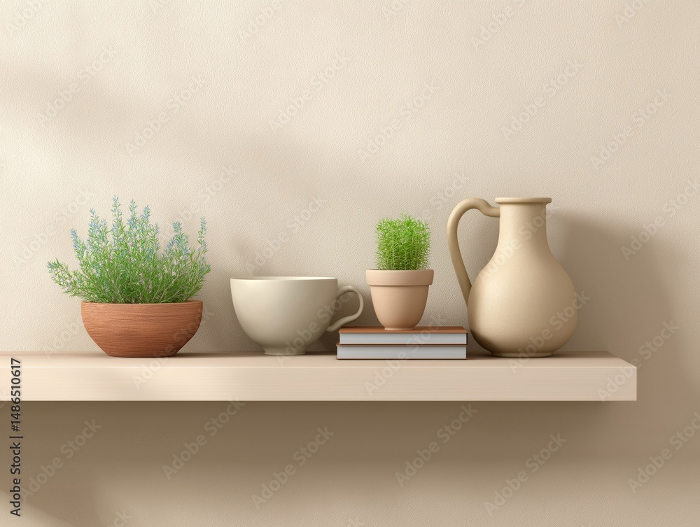 Minimalist shelf display featuring potted plants, ceramic bowls, and a pitcher, creating a serene and stylish home decor atmosphere with natural elements Minimalist shelf display featuring potted plants, ceramic bowls, and a pitcher, creating a serene and stylish home decor atmosphere with natural elements