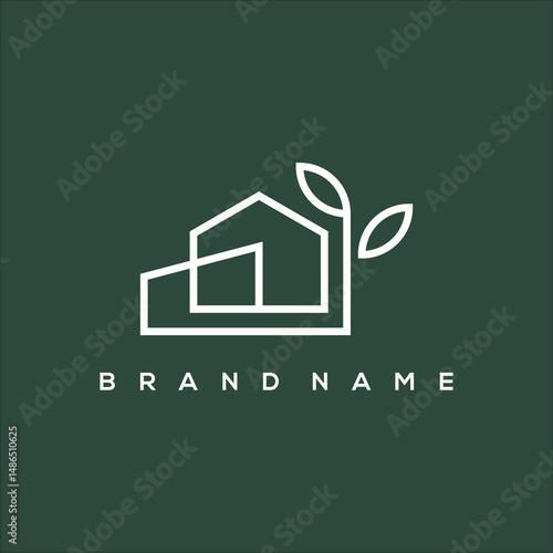 line art icon house with leaves logo vector