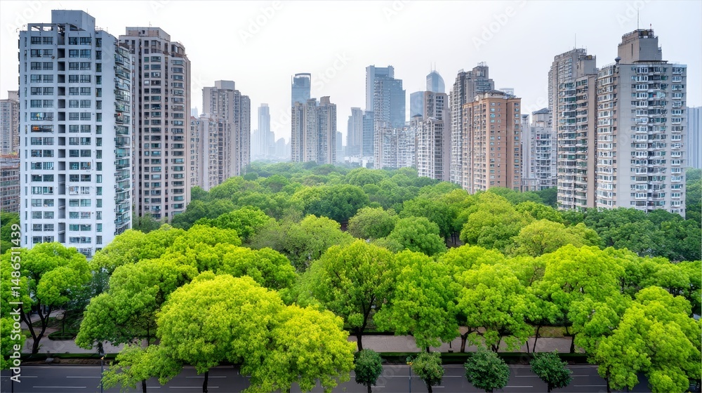 Fototapeta premium Urban Greenery: Cityscape and Lush Park - High-rise buildings surround a vibrant green park, showcasing a harmonious blend of urban development and nature