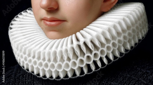 Vintage Ruff Collar Portrait - A close-up vintage portrait of a woman's meticulously detailed ruff collar. Symbolizing elegance, history, fashion, craftsmanship, and timelessness
