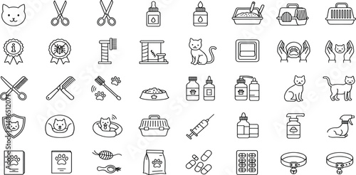 Cats Care Line Editable Icons set. Vector illustration in modern thin line style of pets keeping related icons: accessories, toys, hygiene products, food, and more