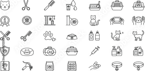 Cats Care Line Editable Icons set. Vector illustration in modern thin line style of pets keeping related icons: accessories, toys, hygiene products, food, and more