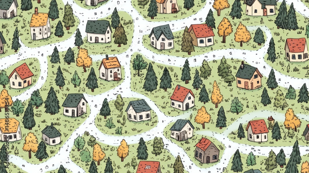 Fototapeta premium Charming Village Map Illustration: Hand-Drawn Houses and Winding Roads in a Lush Green Forest Setting