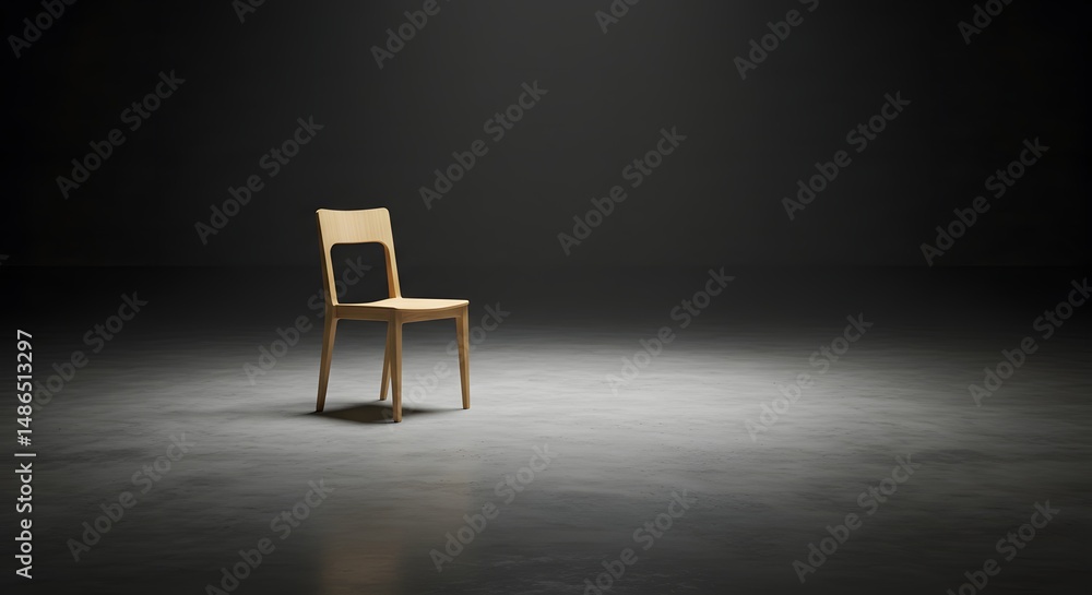 A single chair on a wide, empty concrete floor with soft lighting. A single chair on a wide, empty concrete floor with soft lighting.