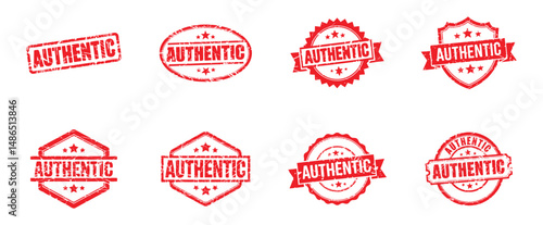 set of red authentic stamp, vintage grunge seals for genuineness confirmation and originality certification