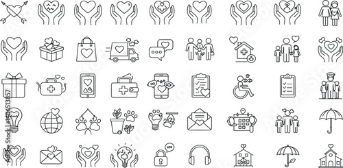 Charity and Volunteering Editable Icons set. Vector illustration in modern thin line style of philanthropic icons: almsgiving, helping those in need, donation, contribution, humanism, altruism.