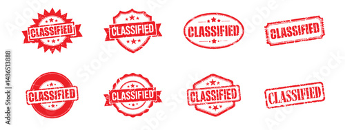 set of red classified stamp, vintage grunge designations for information restriction and security protocols