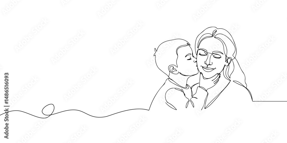 Continuous one line drawing of a child kissing his mother's cheek gently, representing gratitude and love, line art style vector illustration. Continuous one line drawing of a child kissing his mother's cheek gently, representing gratitude and love, line art style vector illustration.