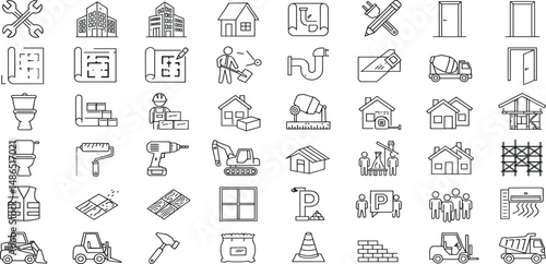 Construction Line Editable Icons set. Vector illustration in modern thin line style of renovation related icons: construction equipment and tools, stages of construction and finishing.
