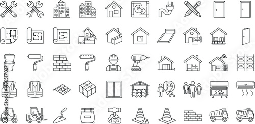 Construction Line Editable Icons set. Vector illustration in modern thin line style of renovation related icons: construction equipment and tools, stages of construction and finishing.