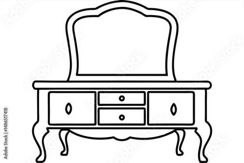 Outlined Vintage Vanity Table with Mirror and Drawers Ready to Color