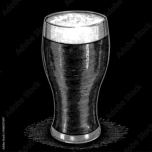 Full beer glass in bold vintage woodblock/etching style, white on black