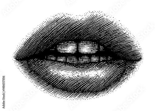 Stippled Illustration of Mouth with Teeth in Black and White, Graphic and Dramatic in Vintage Style