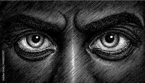 Pair of Human Eyes in Engraving Style with Intense and Serious Mood, Representing Detailed Facial Features and Emotional Depth