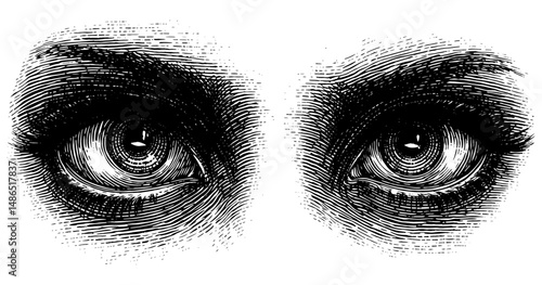 Detailed Woodcut Style Human Eyes with Stark and Dramatic Mood, Representing an Intense Gaze with Vintage Aesthetic